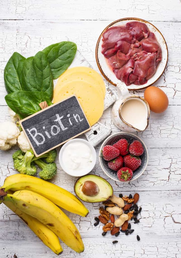 Food that contain vitamin b as meat, eggs, strawberries, brocoly , avocado,bananas and nuts.
