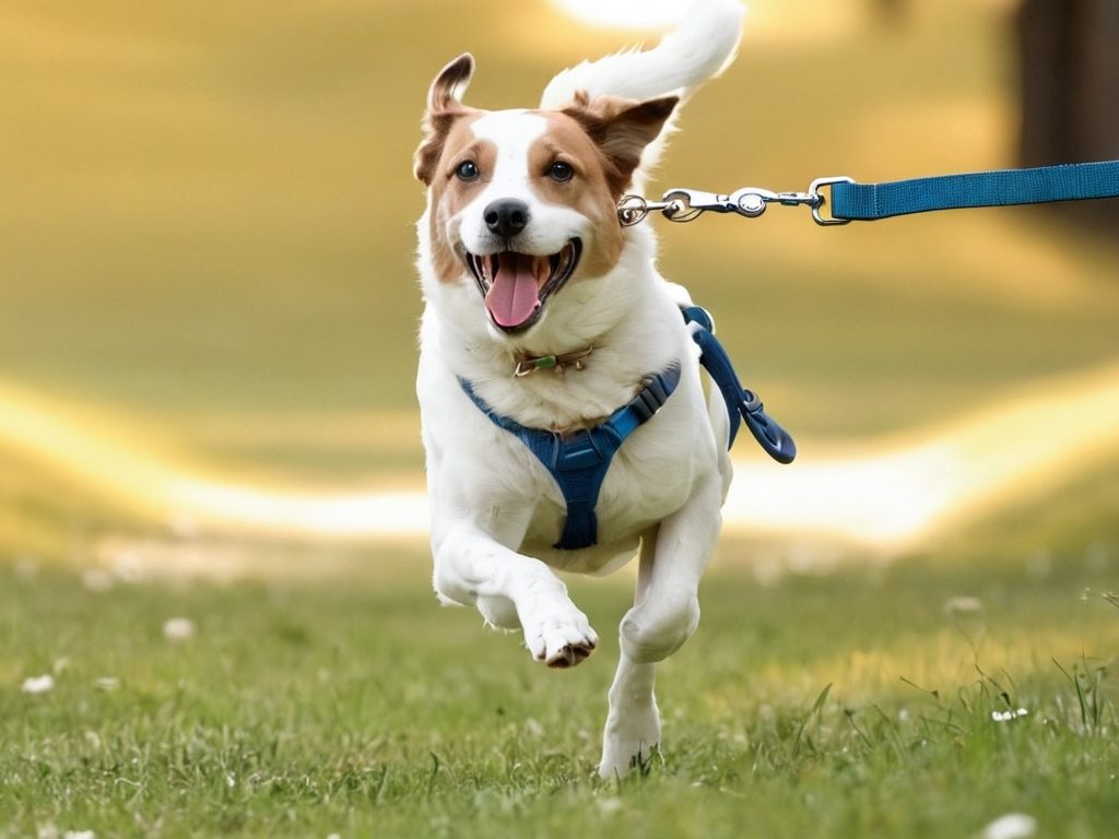 Chien qui coure avec un harnais et un collier plus laisse.