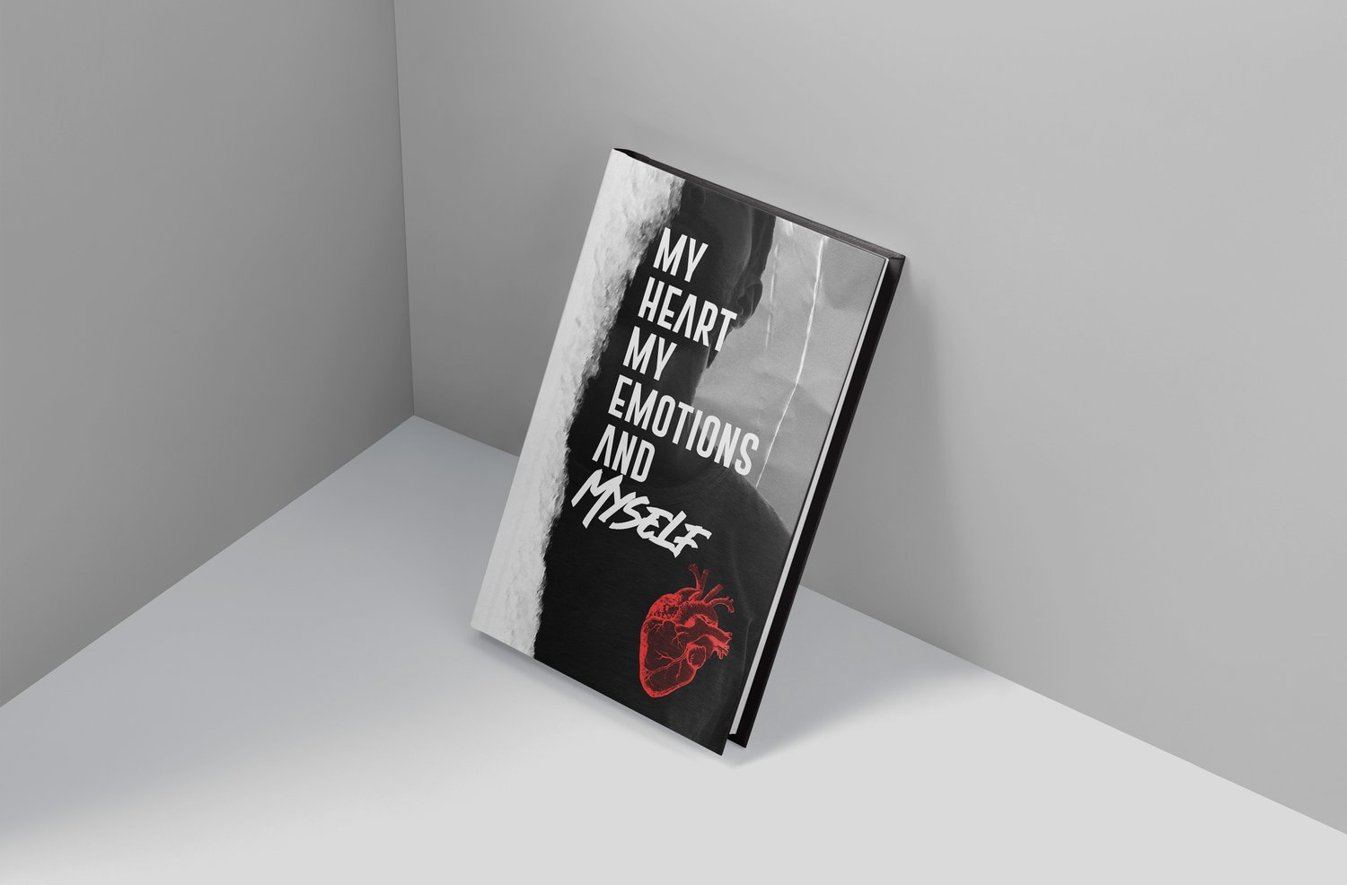 Exemple of a book layout design "My Heart, My Emotions, and Myself" cover with bold white typography.