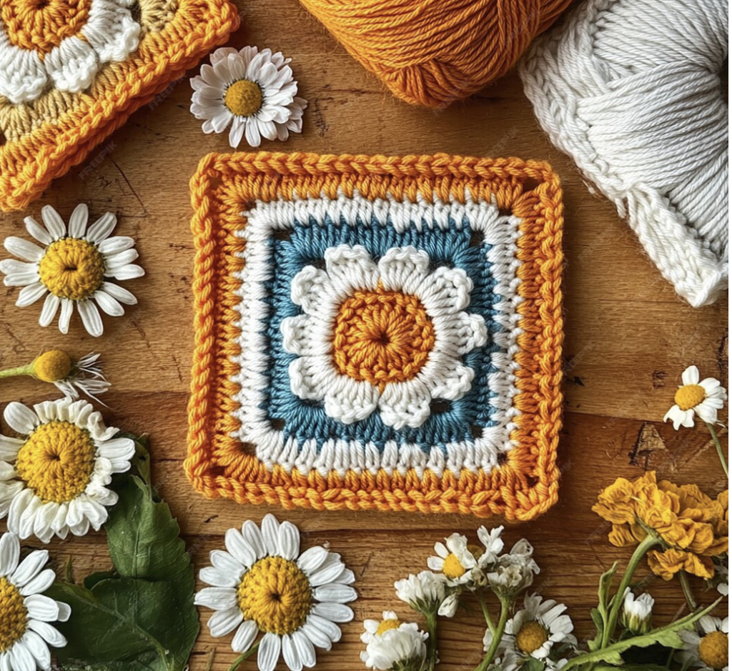 motif de crochet en carré avec une ambiance florale principalement jaune, blanc et bleu.
