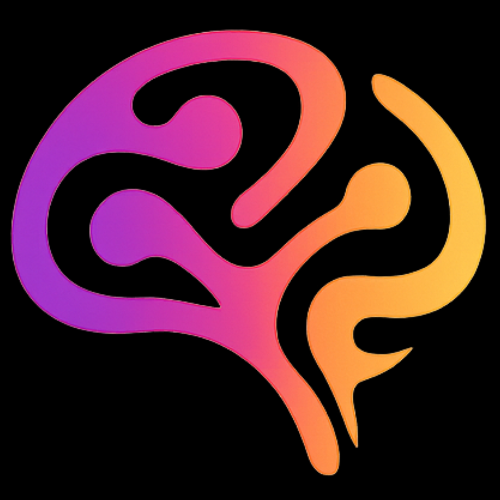 Logo CréaSynapse agence marketing web, symbole abstrait néon violet, magenta et orange sur fond noir.