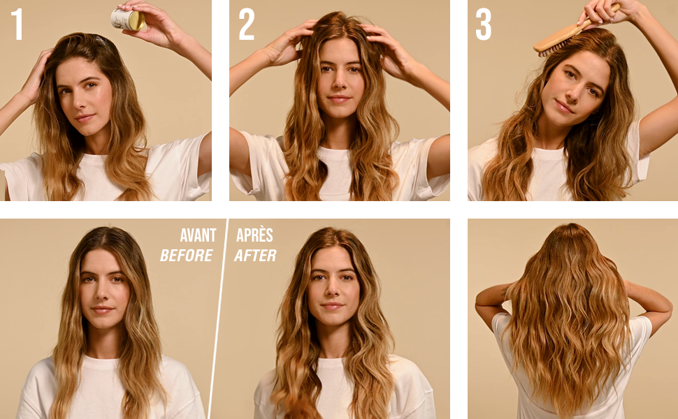 Femme illustrant les différentes étapes pour appliquer son meilleur shampoing sec