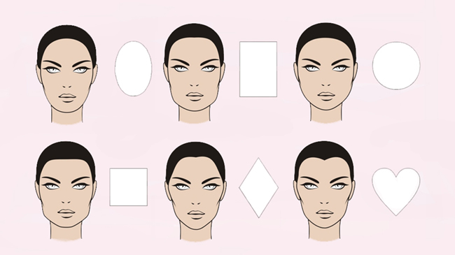 Image of six female faces of different shapes and sizes. We can see an oval, square, rectangular, round, heart-shaped, and diamond-shaped face.