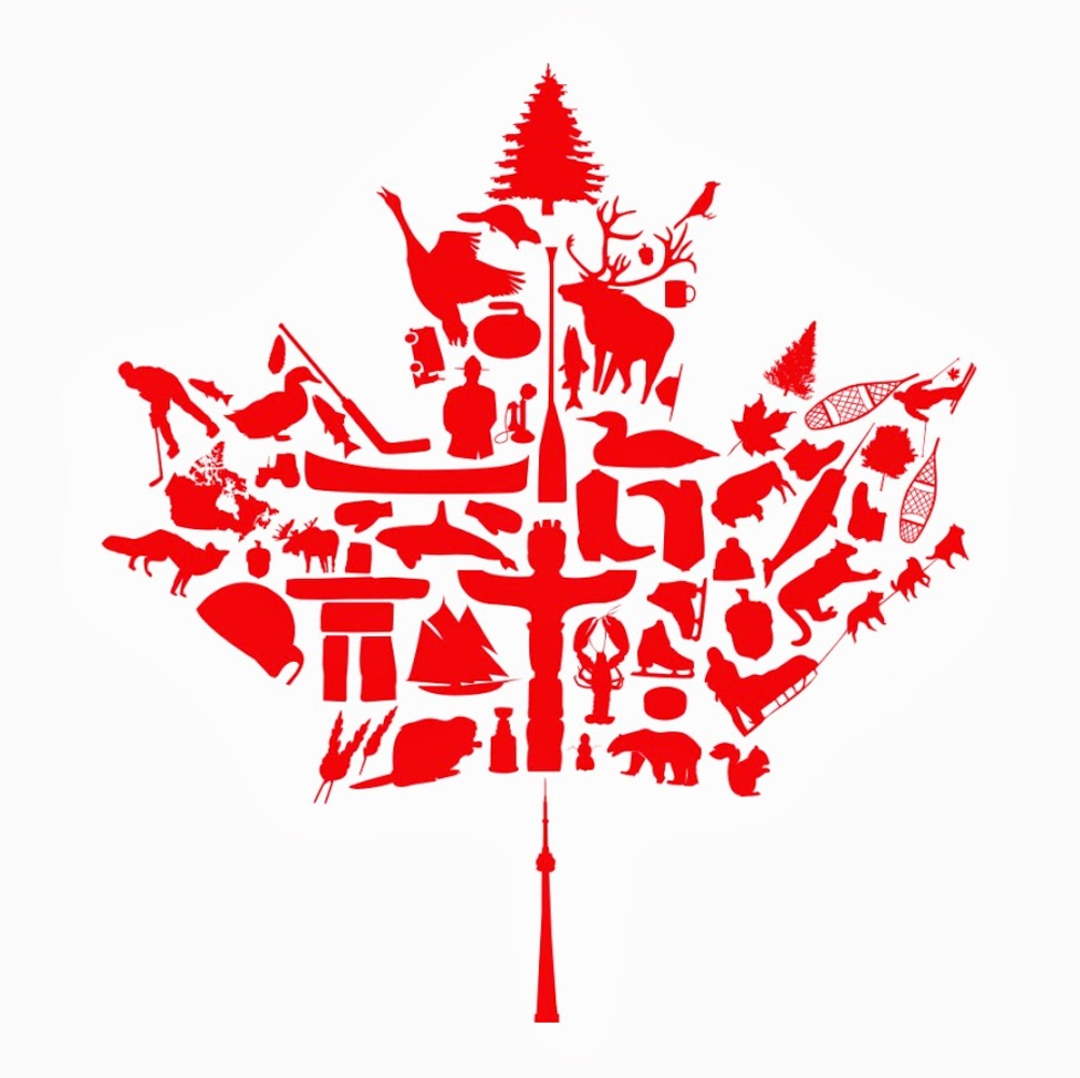 L'emblème de la feuille d'érable en rouge dessiné grâce à la combinaison de plusieurs motifs qui représentent la diversité de la culture canadienne comme un joueur de hockey; un totem autochtone; un traîneau de neige; etc..